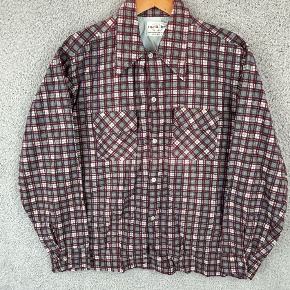 Vintage 70s Golden Line Plaid Flannel Shirt Men Large Work Flap Pockets Made USA